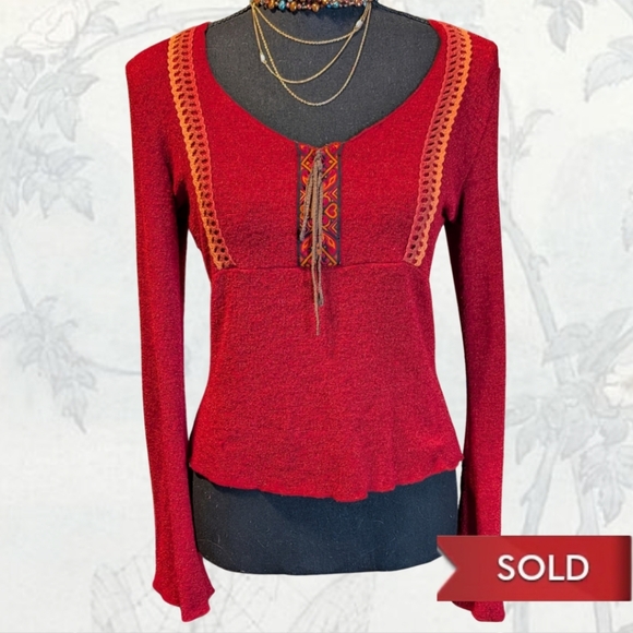 Mary-Kate And Ashley Tops - Mary-Kate And Ashley Y2K Red Boho Women's Top with Crochet Detailing